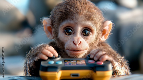 Baby monkey playing video game