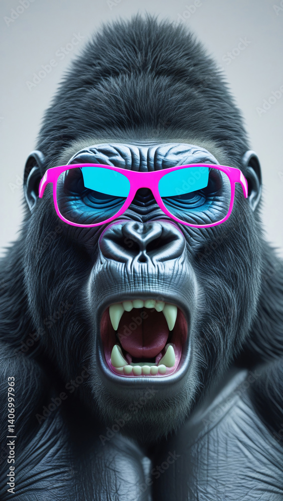 Close-up of a roaring gorilla wearing vivid electric sunglasses, monochrome fur textures and striking modern composition Close-up of a roaring gorilla wearing vivid electric sunglasses, monochrome fur textures and striking modern composition