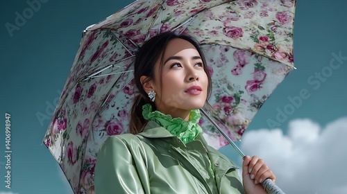 Cheerful asian woman in raincoat with clear umbrella outdoor rain photoshoot soft light wet street monsoon fashion photo