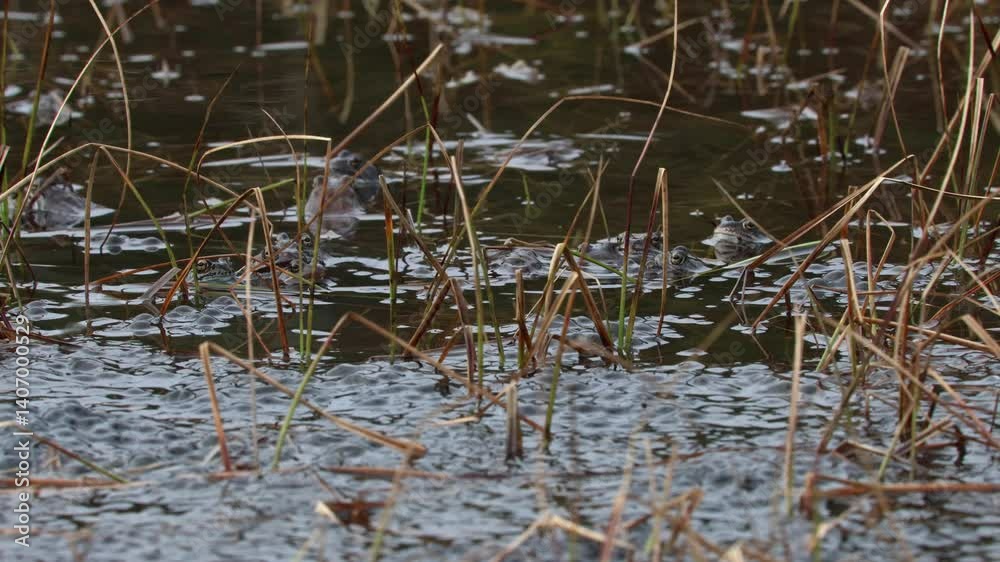 Toads move gently in shallow pond with grass and vegetation, fertilizing eggs among jelly-like strands in foreground Toads move gently in shallow pond with grass and vegetation, fertilizing eggs among jelly-like strands in foreground