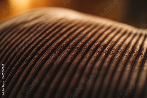Close-up of brown corduroy fabric, showing textured parallel ridges and warm lighting.