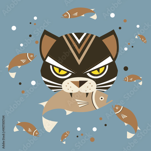 Cute cat biting fish. Cartoon illustration of cute cat stealing fish with innocent face. 
