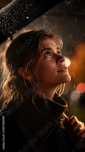 Cheerful asian woman in raincoat with clear umbrella wet street outdoor rain photoshoot monsoon fashion aesthetic photo
