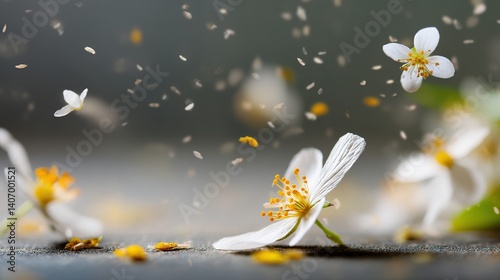 Seasonal allergy concept showing pollen grains suspended in air with out-of-focus antihistamine and medical motifs in background.