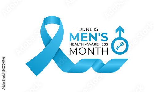 Men's health month is observed every year in June Banner and background design template. A blue ribbon, Stethoscope with a mustache and Realistic ribbon. International Men's Day, and Father's Day.