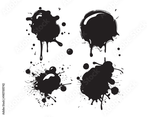 Random black ink splashes and blobs on a white background, indoor, creative art session, daytime, representing messy artistic concept	