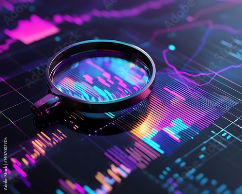 Data analysis, search engine optimization or SEO. magnifier, charts, graphs. ultraviolet and neon