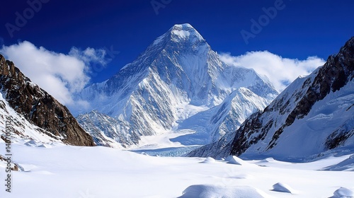 Snow-capped mountain peak, glacier valley, Himalayan landscape, scenic view, nature photography, for background use photo