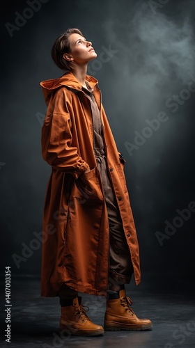 Cheerful asian woman in raincoat with clear umbrella outdoor rain photoshoot soft light pastel fashion monsoon style photo