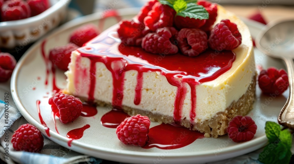 Delicious Raspberry Cheesecake with Red Sauce and Fresh Berries Delicious Raspberry Cheesecake with Red Sauce and Fresh Berries
