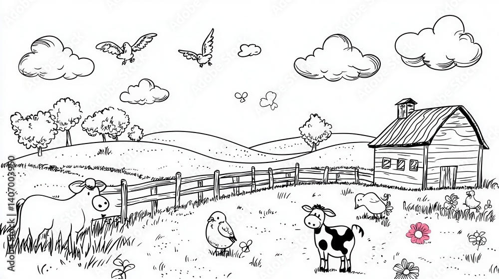 Obraz premium Black and White Farm Scene Drawing