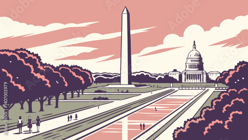 Illustration of National Mall with Washington Monument – Washington, D.C., USA
