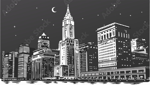 Black-and-white illustration of Manhattan’s skyline at night – New York, USA
