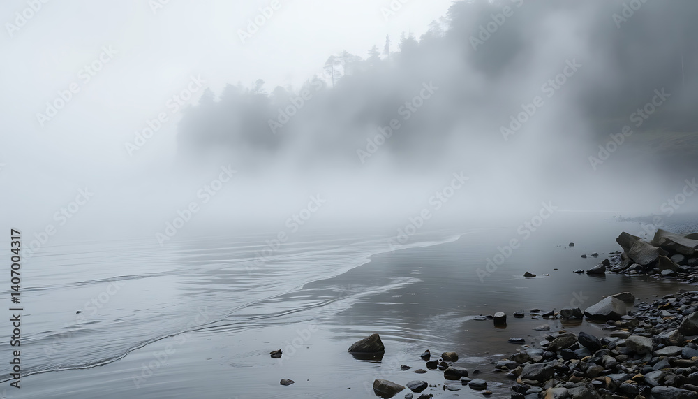 Mist-Kissed Shores: A tranquil coastal scene, where a misty veil of fog gently embraces the shoreline, adding an ethereal ambiance to the natural beauty.