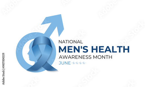 Men's health month is observed every year in June Banner and background design template. A blue ribbon, Stethoscope with a mustache and Realistic ribbon. International Men's Day, and Father's Day.