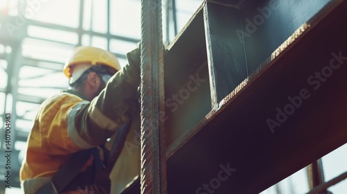 Ironworker lifting steel beams for construction. Featuring metalwork and structural support