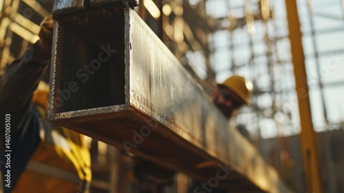 Ironworker lifting steel beams for construction. Featuring metalwork and structural support