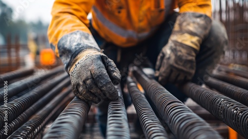 Ironworker positioning steel rebar in a construction site. Featuring steel work and reinforcement