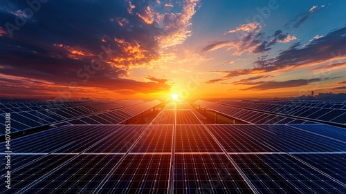 Industrial-scale solar farm with tracking panels adjusting to follow the sun, ultra-realistic lighting