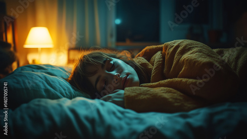 Caucasian woman asleep in dark bedroom, depicting healthy sleep habits, sleep hygiene, healthy sleeping habits, bedtime routine, sleep improvement