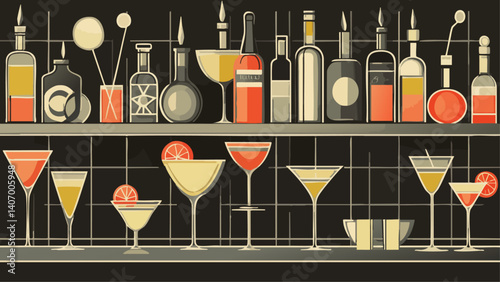 Retro Cocktail Glasses and Bottles with Lemon Zest