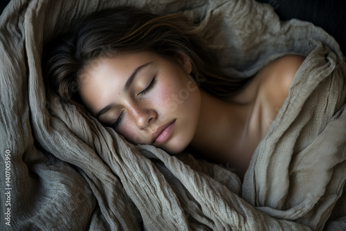 Caucasian woman asleep in dark bedroom, symbolizing healthy sleep habits, sleep hygiene, healthy sleeping habits, bedtime routine, sleep improvement