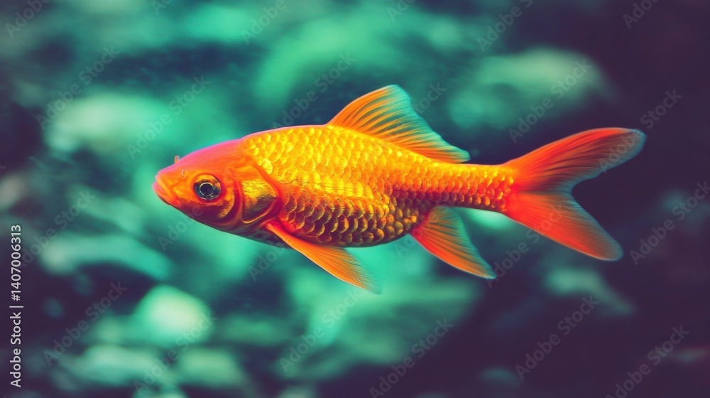 A vibrant orange goldfish swims through clear water, showcasing its colorful fins amid aquatic plants and rocks, creating a serene atmosphere A vibrant orange goldfish swims through clear water, showcasing its colorful fins amid aquatic plants and rocks, creating a serene atmosphere