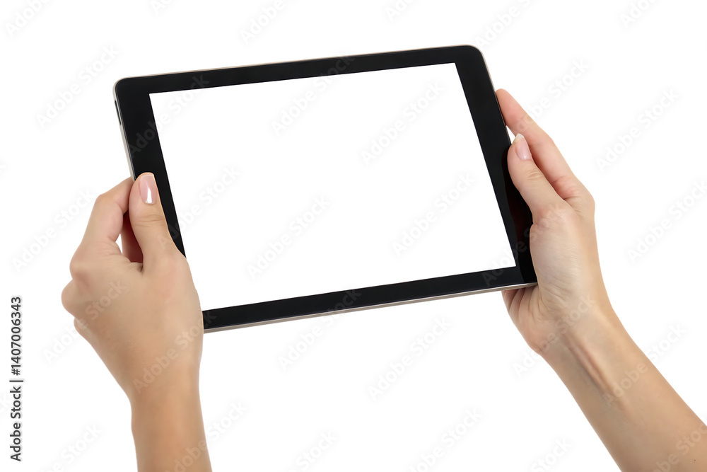 Hands holding black tablet with blank screen isolated on white background Hands holding black tablet with blank screen isolated on white background
