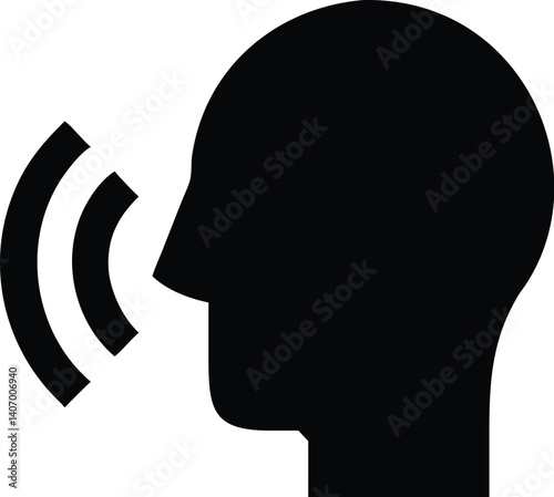 closeup of a silhouetted human head with sound waves emanating from the mouth, minimalist, abstract, black and white, high contrast
