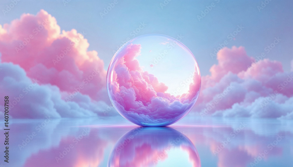 Obraz premium A crystal ball reflects soft pink clouds and the sky above the tranquil water surface.