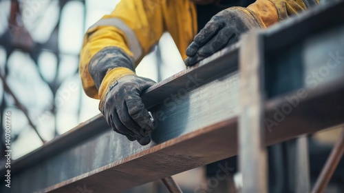 Ironworker securing metal frame structure. Featuring structural work and precision