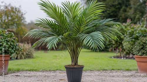 Vibrant palm tree in a pot, lush foliage
