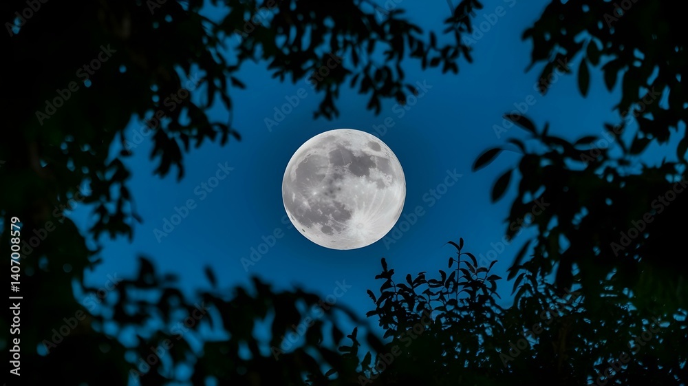 A full moon shines brilliantly above the dark silhouette of trees under the night sky. A full moon shines brilliantly above the dark silhouette of trees under the night sky.
