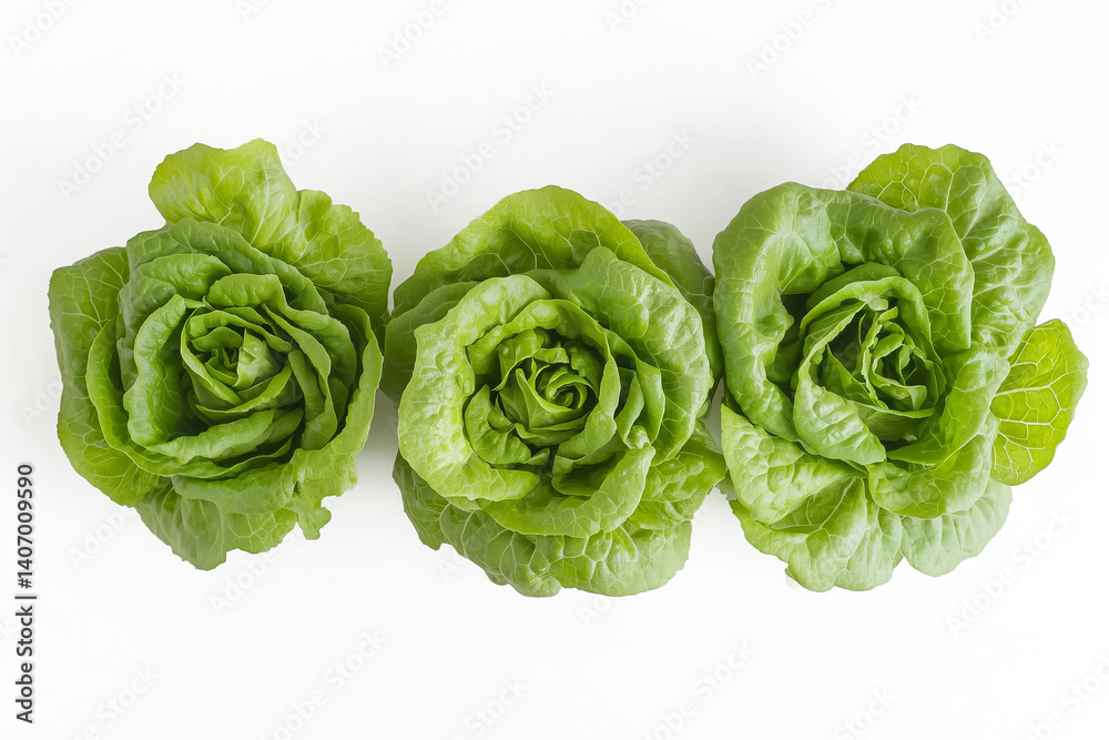 Fototapeta premium Three romaine lettuce heads, casually arranged on a white background
