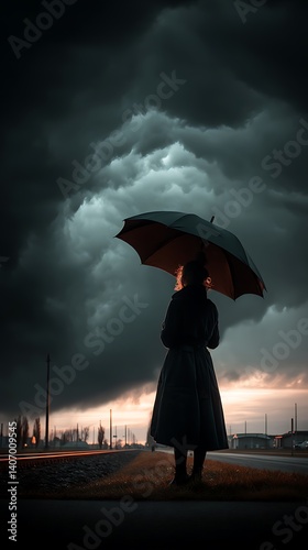 Asian woman in pastel raincoat with umbrella on rainy day outdoor rain fashion photoshoot with reflective puddles photo