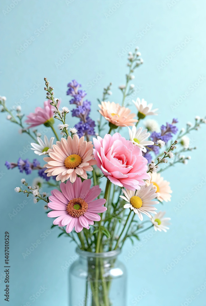 Small bouquet of flowers on a light blue background. pastel color. Small bouquet of flowers on a light blue background. pastel color.