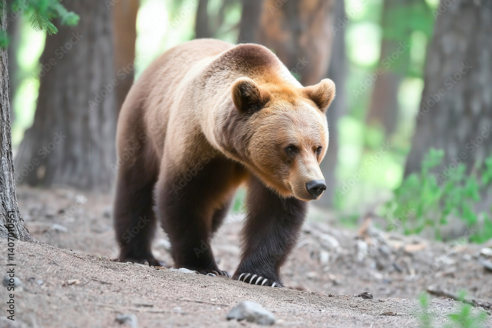 Fototapeta premium A brown bear walking through the forest with trees in the background on a cloudy day outdoors scene