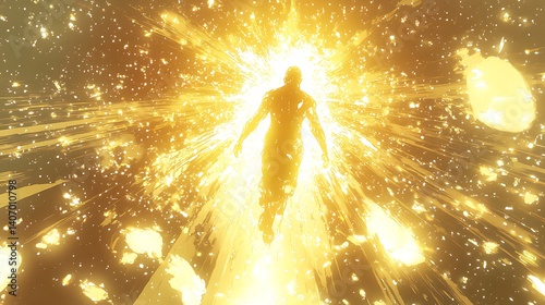 Radiant being of light with a powerful golden aura standing in a cosmic expanse stars shimmering all around vector illustration