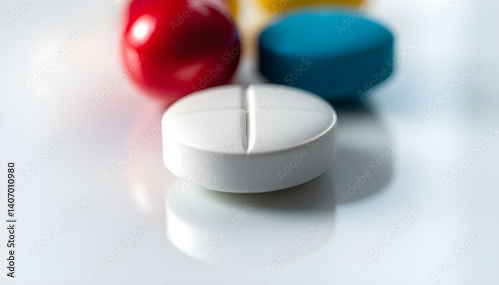 A white pill is in focus, surrounded by blurred pills of different colors on a bright surface. A white pill is in focus, surrounded by blurred pills of different colors on a bright surface.