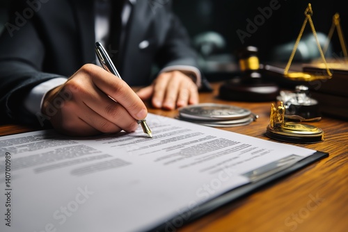 Legal professional signing important documents in a law office setting