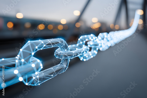A chain of links is shown in a blurry image