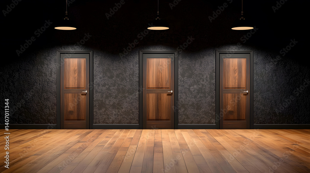 Fototapeta premium Three doors with wooden frames are lined up in a hallway