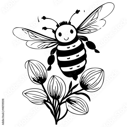 Stylized Bee and Floral Vector Design Illustration
