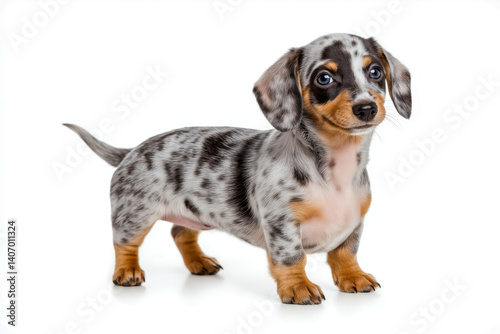 A dapple dachshund puppy standing on a white background looking directly at the camera with a cute expression