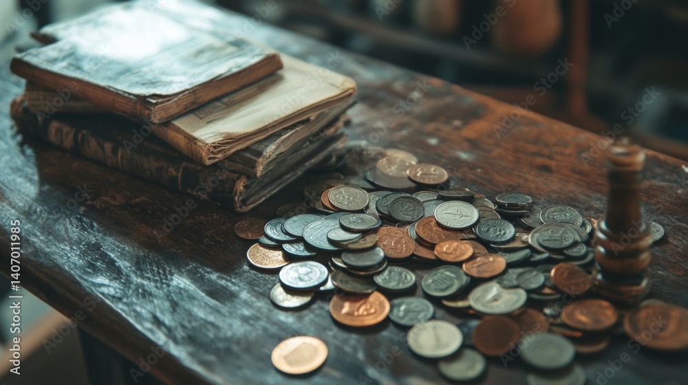Old desk with coins, books and candlelight