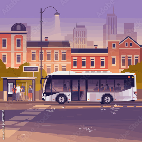 Modern Electric City Bus at Urban Bus Stop