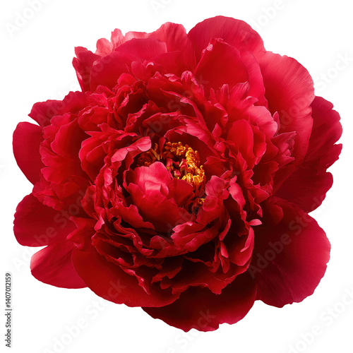 A vibrant red peony blossom with delicate petals, presented against a black backdrop in full bloom