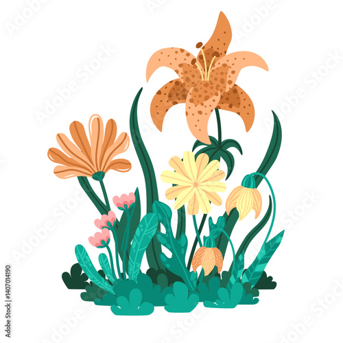 Vector illustration of wild garden flowers and foliage. Large spotted lily with yellow, orange, and pink blooms. Botanical scene in flat cartoon style. Great for invitation, poster, and packaging