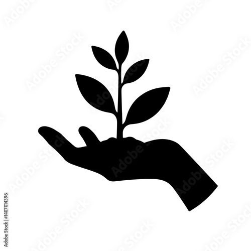 Silhouette of hand planting seedling on white background, nurturing growth