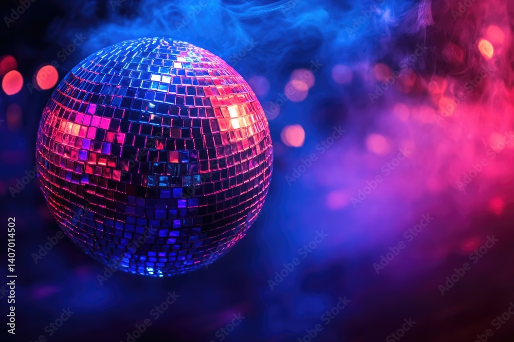 Obraz premium Disco ball reflecting vibrant purple and blue lights in smoky atmosphere, creating a festive and energetic ambiance.